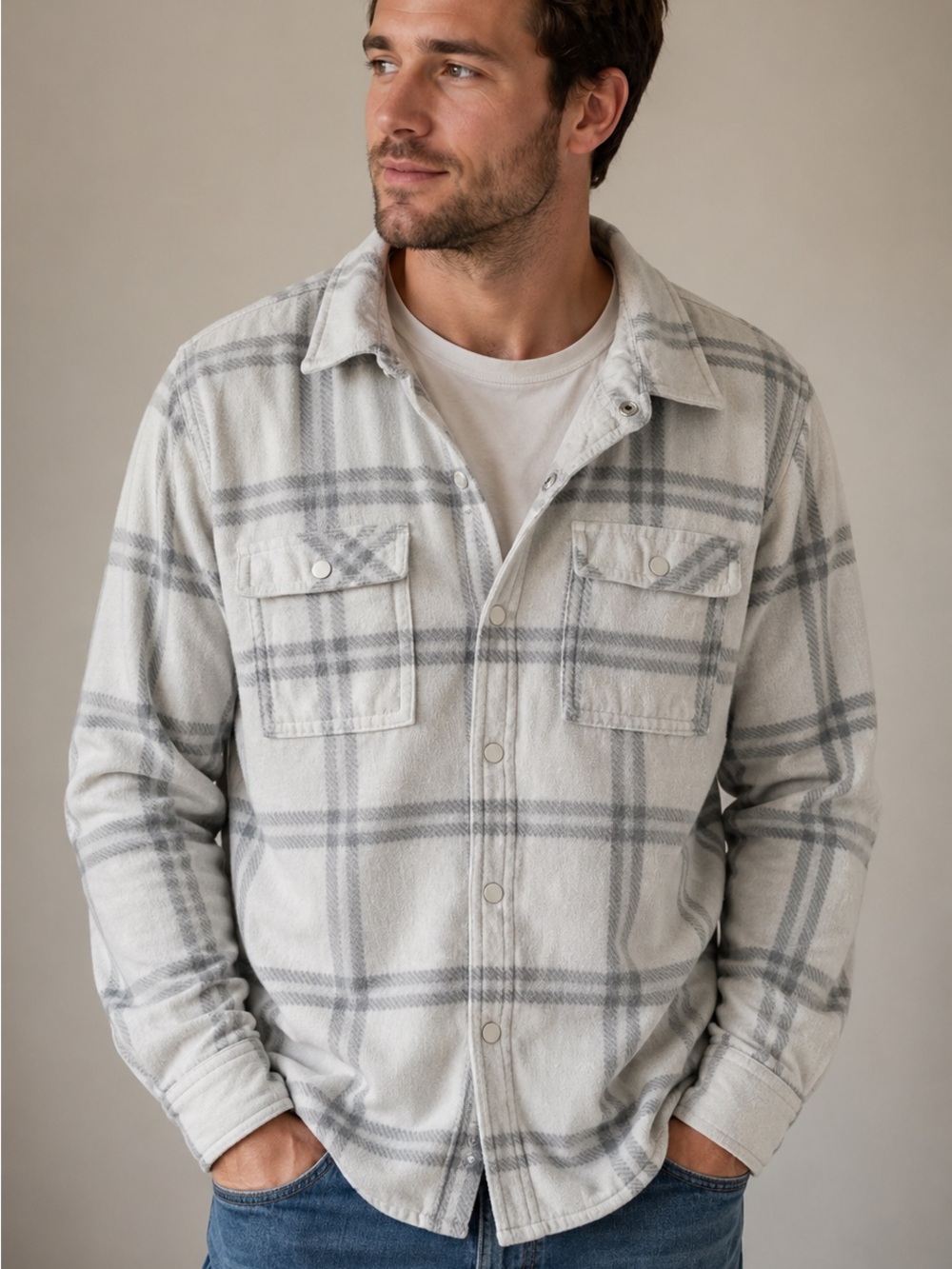 O'Neill Gray and White Plaid Snap Front Fleece Shirt Sz M